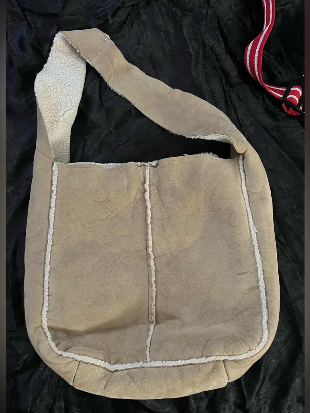 Old Navy Beige Suede Shearling-Trim Shoulder Bag